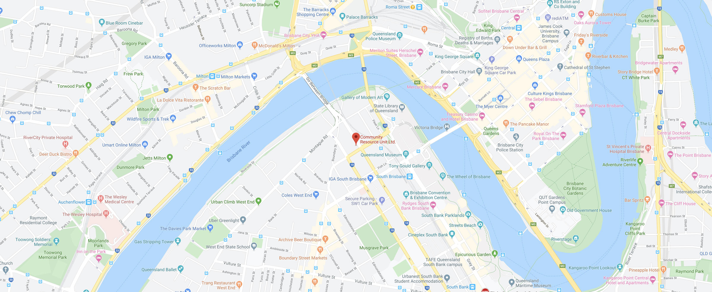 Map of Brisbane with CRU in the centre