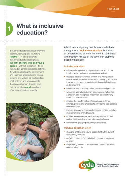 Cover of a fact sheet titled what is inclusive education by CYDA. It includes an image of a mother and daughter looking lovingly at each other. The daughter is in a wheelchair.