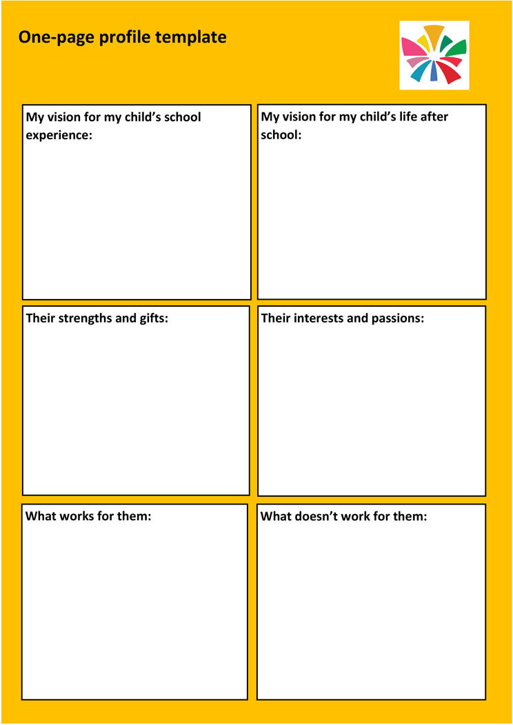 A One Page profile template creating by cru. It has six cells, from top left to bottom right they are: 1. my vision for my child's experience. 2. My vision for my child's life after school. 3. Their strengths and gifts. 4. Their interests and passions. 5. What works for them. 6. What doesn't work for them.