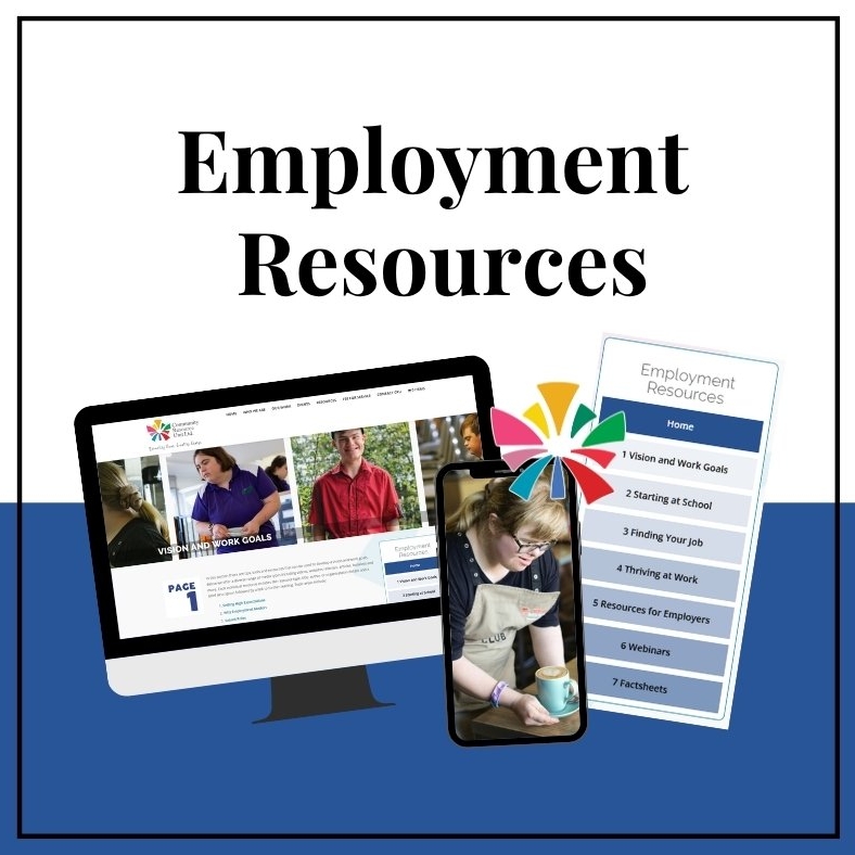 Text Employment Resources, with image of desktop screen displaying employment resource webpage alonside a phone displaying image of woman serving a coffee.